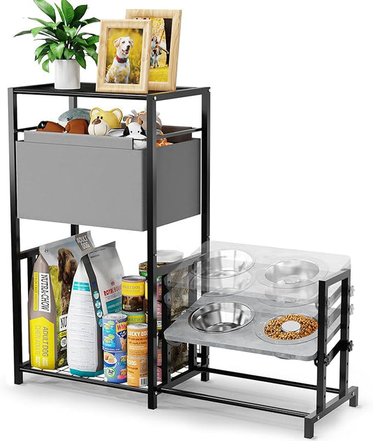 Elevated Dog Bowls Stand with Pet Storage Organizer, Adjustable Feeding Station Cabinet with Toy Basket for Large, Medium, and Small Dogs