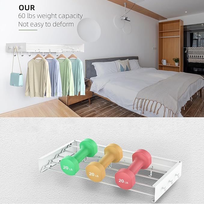 Drying Rack Clothing,Clothes Drying Rack Wall Mounted,Laundry Drying Rack Wall Mount,Foldable,Collapsible,60 lb Capacity 5 Aluminium Poles with 6 Hooks (White, 31.5" Upgrade)