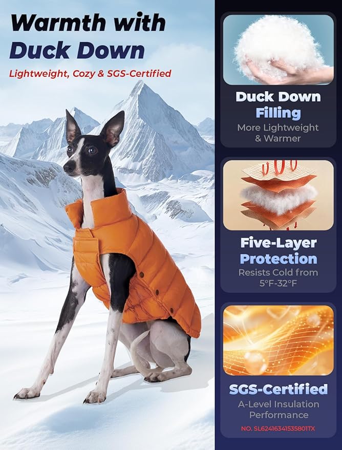 SPACE LION Dog Puffer Jacket, Down Winter Coat, Durable Outdoor Coat for Cold and Windy Conditions, Lightweight & Adjustable Fit Coats for Large Dogs, (Orange, Size28/4XL)