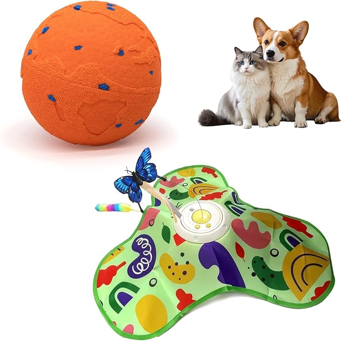 Smart Interactive Dog Toy, Pet Ball Toys Automatic Moving Bouncing and Rotating, Interactive Cat Toy for Indoor Cats, Rechargeable Touch Activated Kitten Toy with Dual Motion Butterfly & Feat