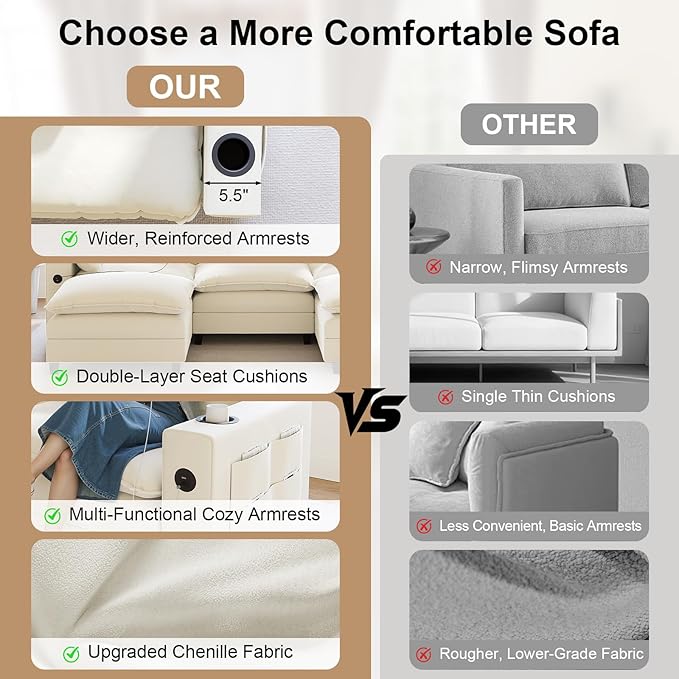 80.7" Modular Sectional Sofa, L Shaped Cloud Couch with Movable Ottoman, Chenille Deep Seat Cloud Sofa with Charging Station, Cup Holder, Side Pocket, Sectional Couches for Living Room, Beige