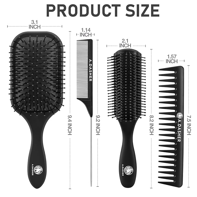 4Pcs Paddle Hair Brush Set, Detangler Brush and comb Afro 3/4abc Texture - Detangling Hairbrush for Wet Dry Long Thick Thin Natural Curly Hair(Black)