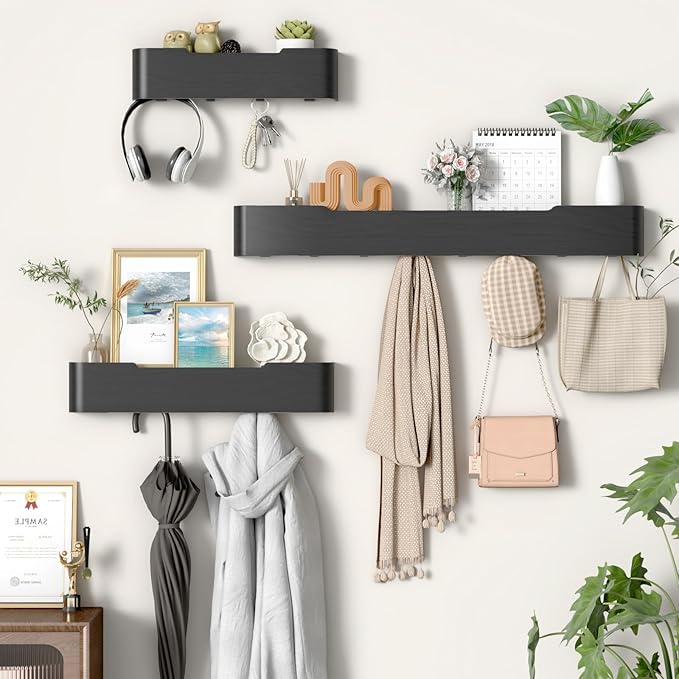 Coat Rack Wall Mount Entryway Organizer Modern Key Holder Wall Mount with Wooden Shelf Entryway Hooks for Bedroom Kitchen Hallway Bathroom for Hanging Coats Hats Dog Leashes Bags Towels