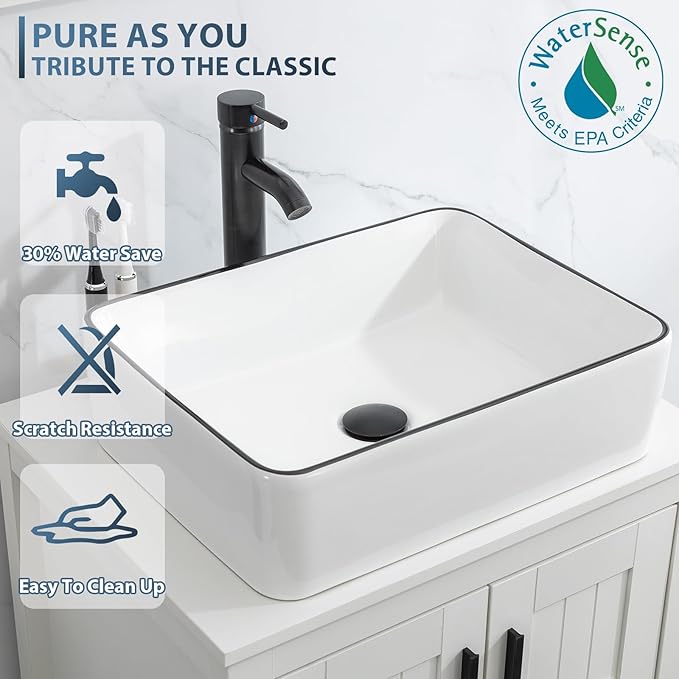 eclife 84" Modern Bathroom Vanity Sink Combo Freestanding Cabinet with Small Side Cabinet, White Black Ceramic Vessel Sink, Water Save Faucet, Drain (Black+T03BK)
