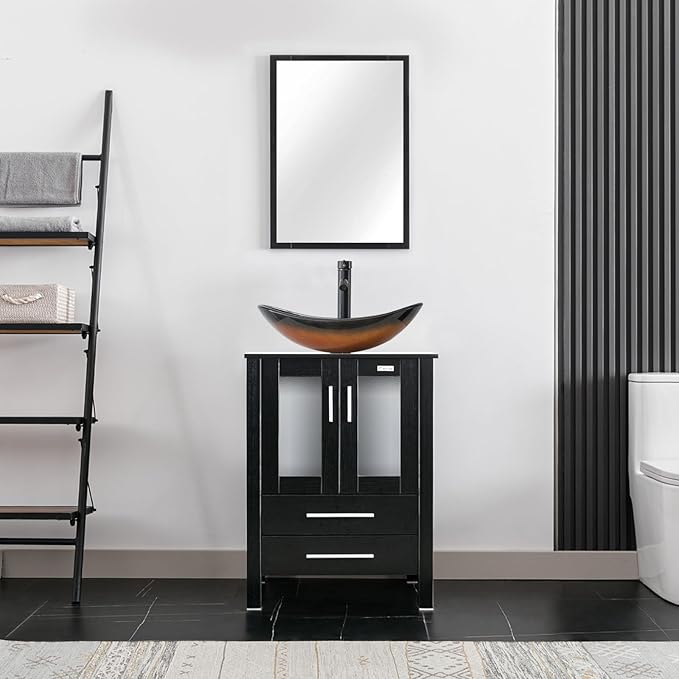 eclife 24" Modern Bathroom Vanity Sink Combo Freestanding Cabinet with Soft Closing Door, Brown Boat Glass Vessel Sink, Water Save Faucet, Drain (Black+A29BR)