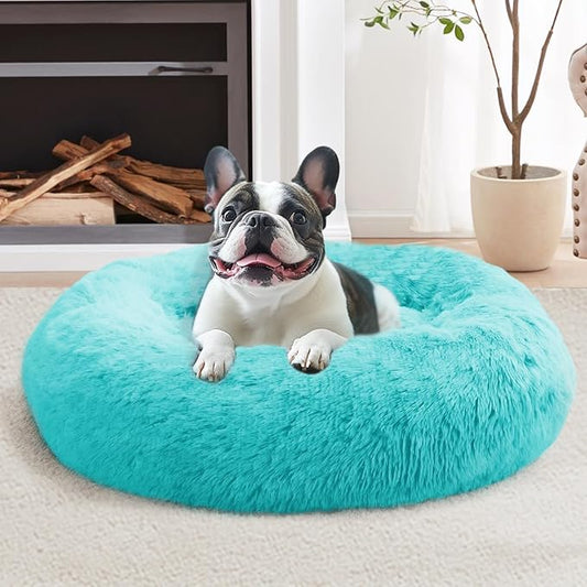 Calming Donut Dog Bed — Large 36", Anti-Anxiety Faux Fur, Washable (Aqua Blue)