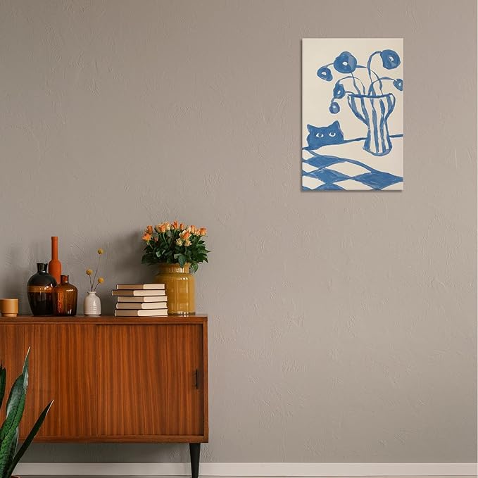 Funny Sneaky Cat Poster Scandi Animal Sketch Canvas Wall Art Blue Modern Abstract Flower Vase Aesthetic Prints Painting For Living Room Kitchen Dining Room Wall Decor 8x12in Wrapped Canvas