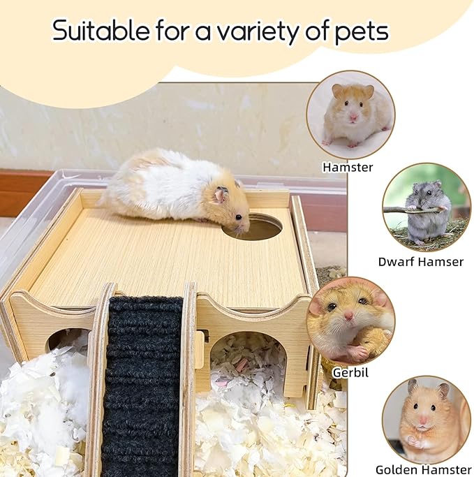 Wooden Hamster Hideout,Multi-Chamber Hamster House with Stair,Small Animal Explore Hide Hut Habitats Decor Accessories for Rat,Gerbil, Dwarf Hamsters, Mice