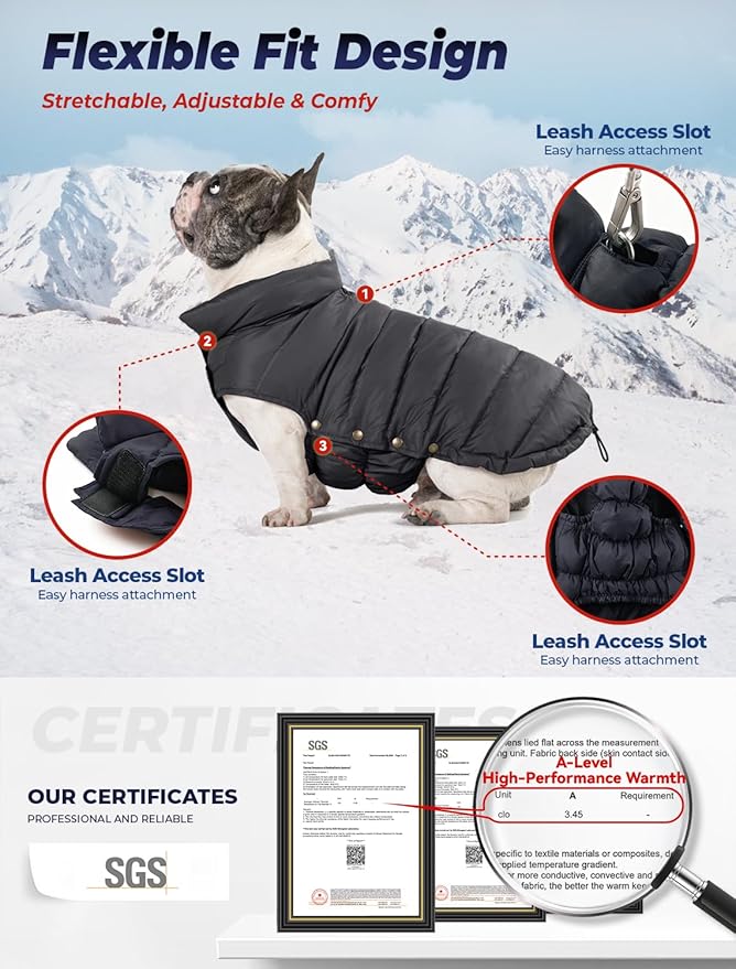 SPACE LION Dog Puffer Jacket, Down Winter Coat, Durable Outdoor Coat for Cold and Windy Conditions, Lightweight & Adjustable Fit Coats for Large Dogs, (Black, Size30/5XL)