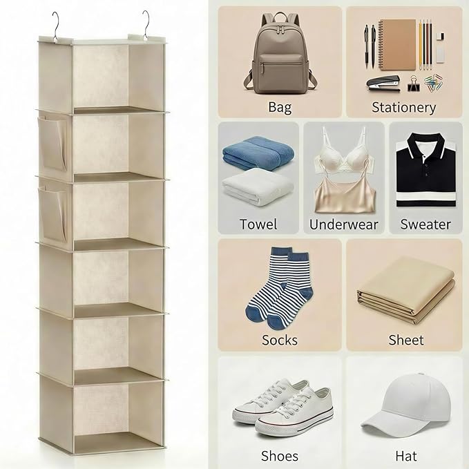 2 Pack 6-Shelf Hanging Closet Organizer, Closet Hanging Storage Shelves with Side Pockets for Clothes, Shoes, Accessories, Wardrobe Organizer, Space Saving Solution