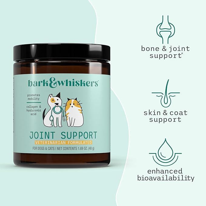 Bark & Whiskers Joint Support for Dogs & Cats, 1.69 Oz. (48 g), Collagen & Hyaluronic Acid, Promotes Mobility, Veterinarian Formulated, Non-GMO, Dr. Mercola
