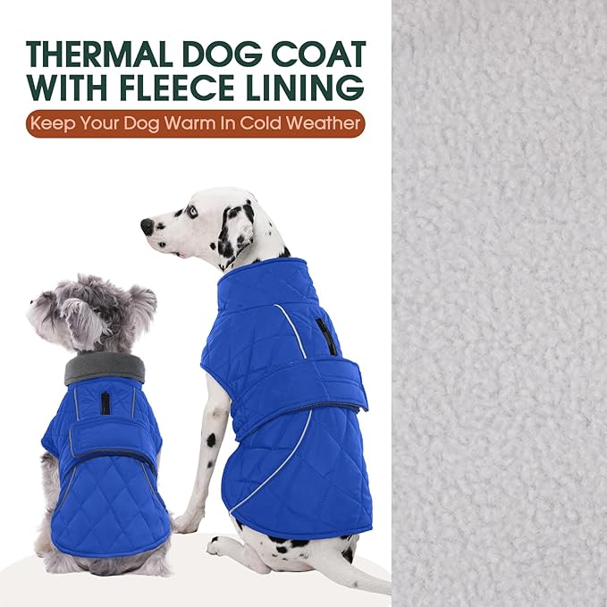 Kuoser Dog Coat, Super-Warm Dog Jacket Windproof Pet Cold Weather Coats for Extra Large Dogs, Fleece Lining Quilted Turtleneck Puppy Snowsuit Reflective Adjustable Doggie Winter Clothes, Blue, 2XL