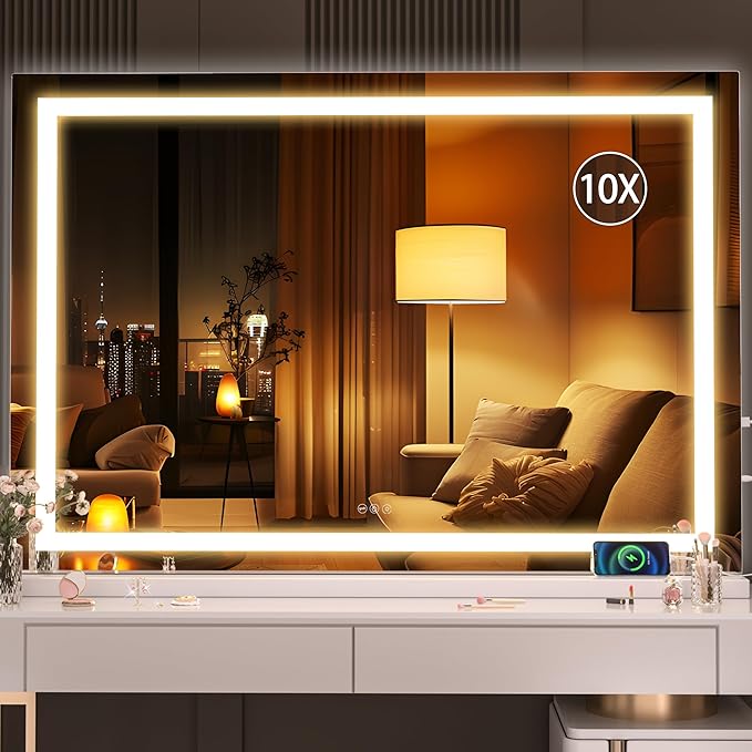 Hasipu Vanity Mirror with Lights, 47" x 30" LED Makeup Mirror, Lighted Makeup Mirror with Dimmable 3 Modes, Touch Screen Control Vanity Mirror Square White