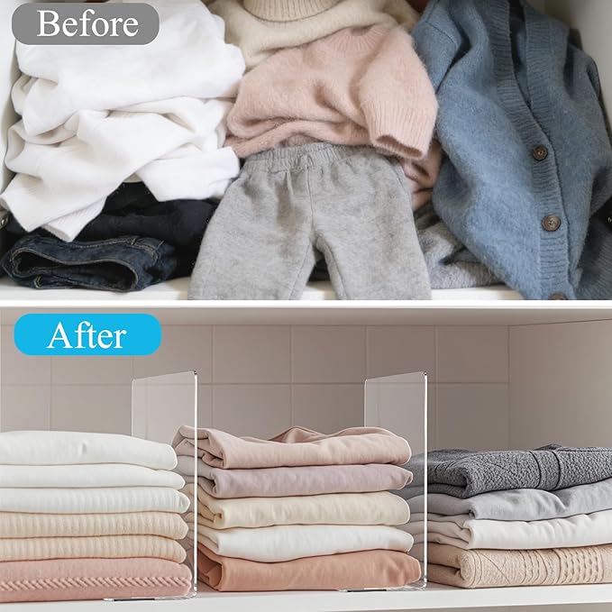 Shelf Dividers for Closet Organization: 12" Tall x 12" Deep Acrylic Closet Shelf Dividers for Clothes Sweater Purse - Clear Organizers and Storage Separators for Home Space Saver Enthusiasts