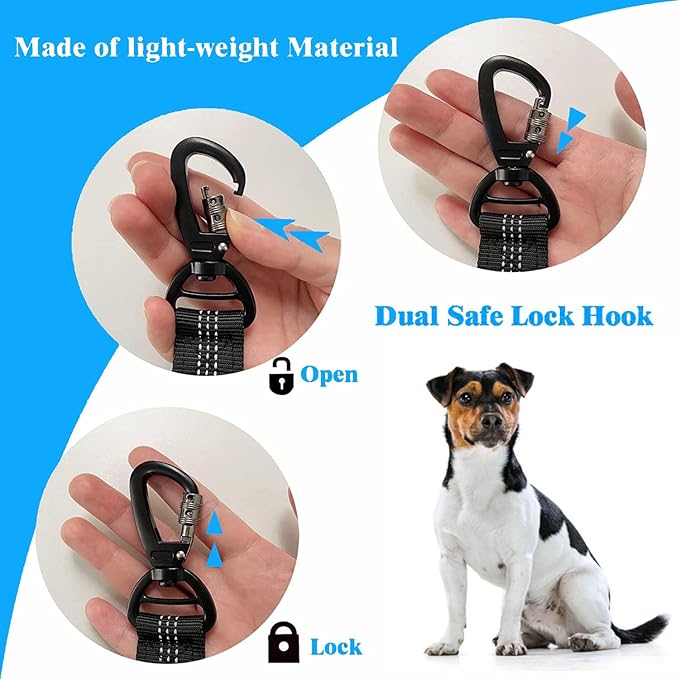 2 Pack Black Dog Seat Belt, Adjustable Dog Car Safety Belt with Reflective Bungee, Rotatable Carabiner, Suitable for Medium to Large Dogs Up to 150 lbs