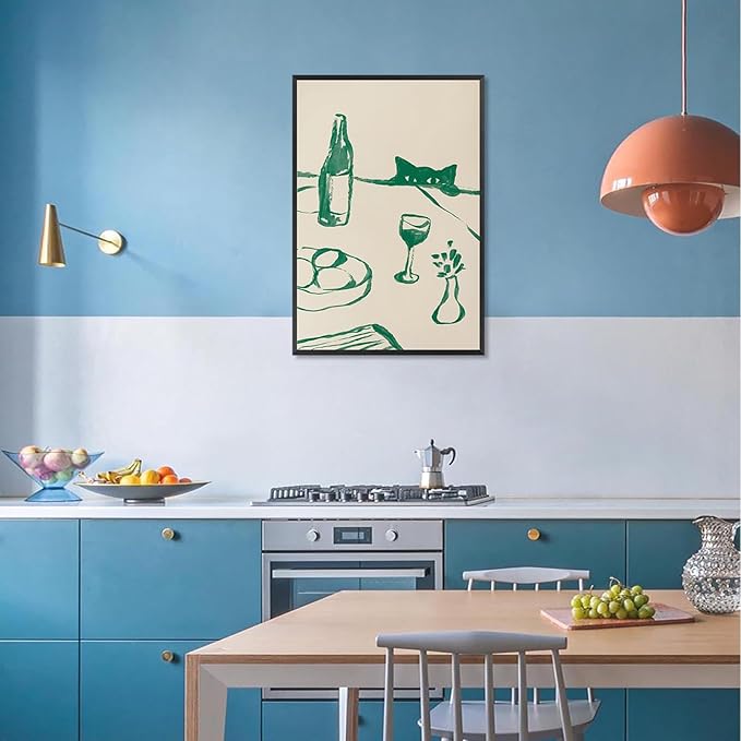 Sneaky Cat Wine Wall Art Funny Kitchen Animal Poster Whimsical Pet Wall Decor Abstract Scandi Dinner Sketch Prints Painting For Living Room Dining Room Wall Decor 8x12in Framed