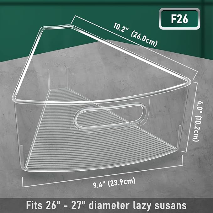 Lazy Susan Cabinet Organizer Bins for 26"/ 28"/ 32" Diameter Corner Organizer, Plastic Cabinet Storage Bin, 1/8 Wedge - Food Safe, BPA Free, with Non-Slip Pads (for 26" Diameter, 8 Pack)