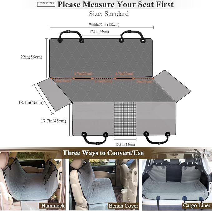 VIVAGLORY Dog Seat Cover Easyhammock Dog Hammock, Seat Cover for Car, Back Backseat Split Hair Resistant Protector for Pet, Standard, Grey