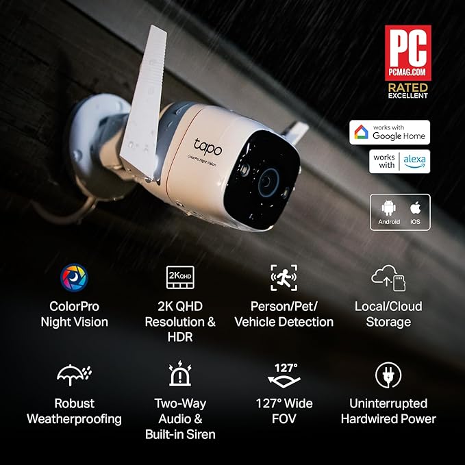 Tapo ColorPro Wi-Fi Outdoor Camera | Plug-in | Daylight Clarity at Night | 2K QHD | Person/Pet/Vehicle Detection | Local/Cloud Storage | 127° FOV | Built-in Siren C325WB