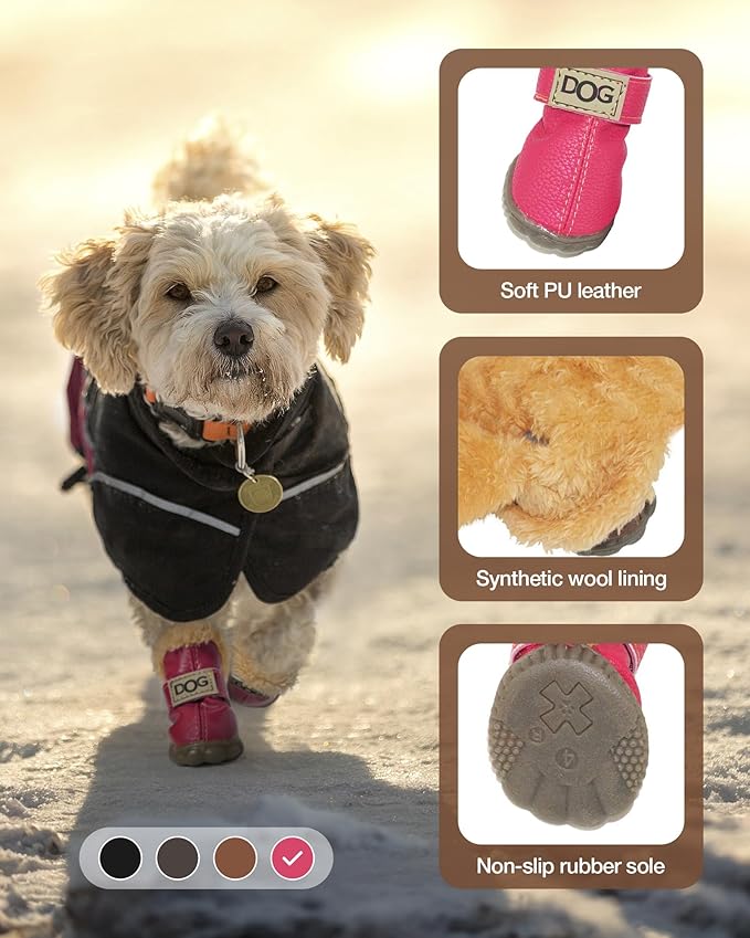 Winter Dog Boots & Paw Protectors: Outdoor Anti-Slip Dog Snow Shoes, Dog Booties Provide Warmth to Dogs Paws from Ice and Snow, Rubber Sole PU Leather Upper Faux Fleece-Lined, Pink Dog Shoes Size 4
