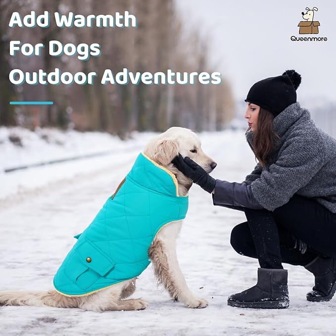 Queenmore Warm Dog Coat, Cold Weather Puffer Dog Coat Vest, Quilting Winter Pet Jacket Ultra Thick Plush Fleece Lining Pet Clothes for Dogs with Storage Pockets (Light Blue,Large)