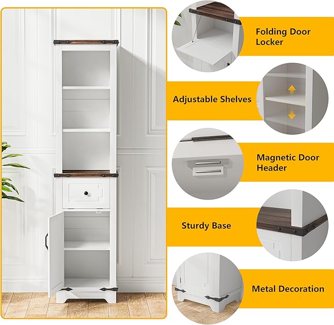 63 Inch Tall Corner Cabinet, Modern Corner Storage Cabinet with Door & Adjustable Shelves & Drawers, Anti-Tipping Free Standing Linen Tower for Bedroom, Bathroom, Kitchen, Pantry (White)