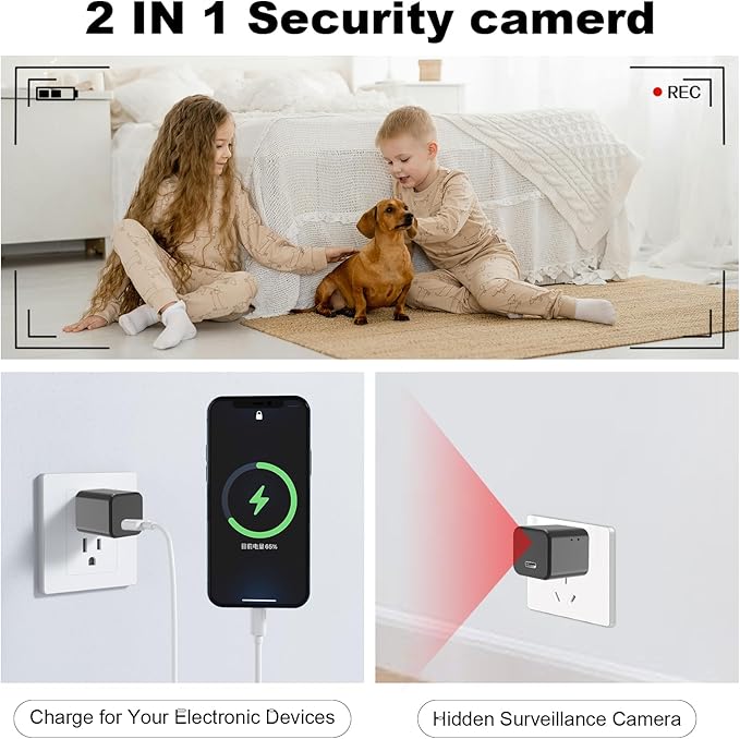 1080P Camera Charger with 2.4Ghz/5Ghz WiFi - Wireless Mini Camera for Pets Nanny - Real Time Monitoring - Small Nanny Cam for Indoor Home Security