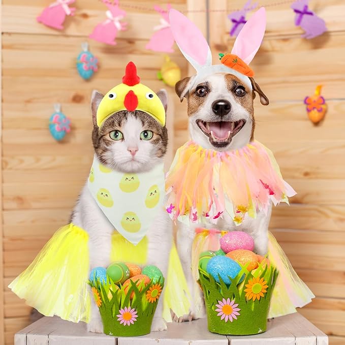 6 Pcs Adjustable Dog Easter Costumes Include Bunny Ears and Chick Headband Dog Bandana Easter Collar Tulle Tutu for Small Medium Pet Birthday Holiday Party Accessories