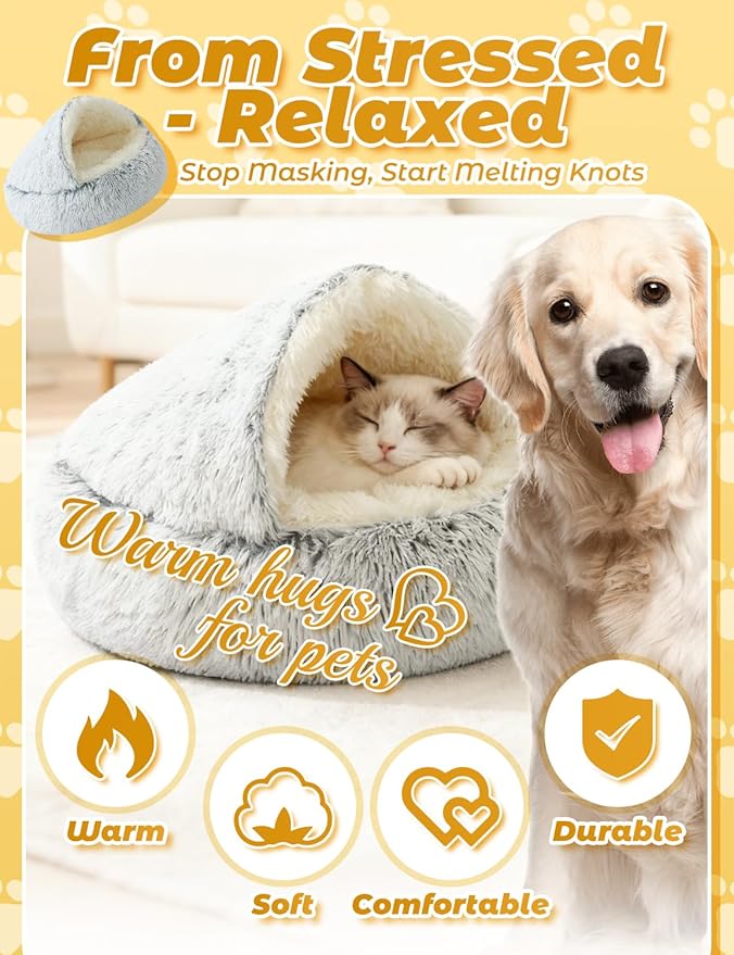 Dog Bed, Dog Bed with Cover Cave, Dual Comfort Design, Pet Bed for Small/Medium/Large Cats and Dogs, Anxiety Relief, Durable & Chew-Proof, Improves Sleep & Behaviour (Pink, 15in)