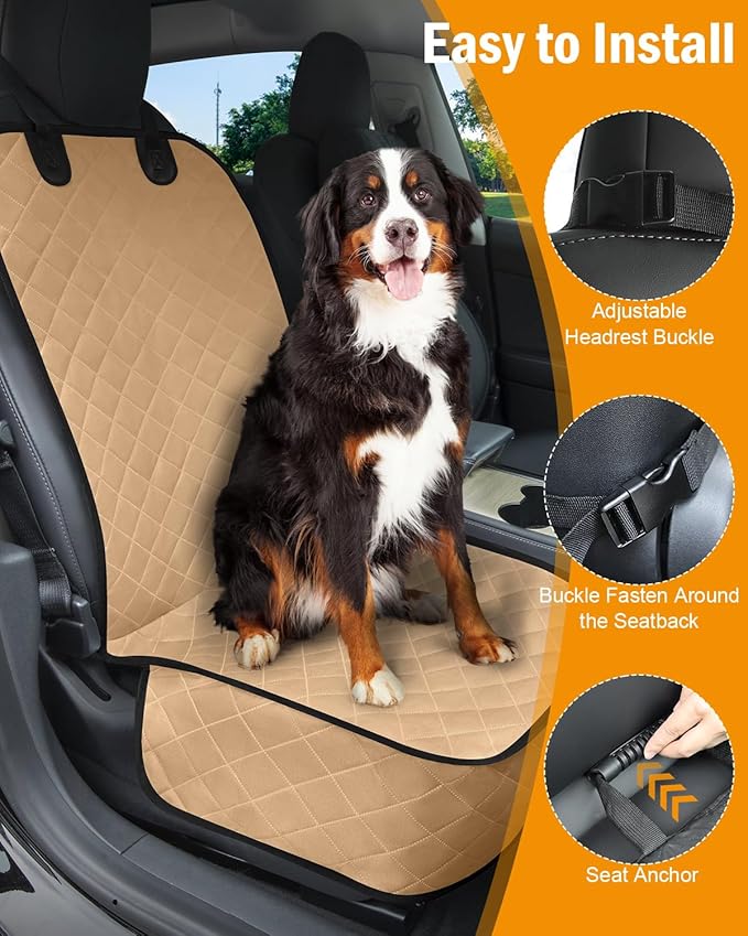 Dog Car Seat Covers Waterproof, Scratch-Proof Pet Front Cover for Cars, Nonslip Pet Passenger Seat Cover Protector, Universal Fit for Cars Trucks SUVs, Medium, Khaki