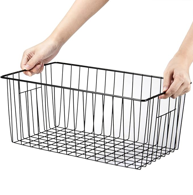 16inch Freezer Wire Storage Organizer Baskets, Household Refrigerator Bin with Built-in Handles for Cabinet, Pantry, Closet, Bedroom Black,4pack