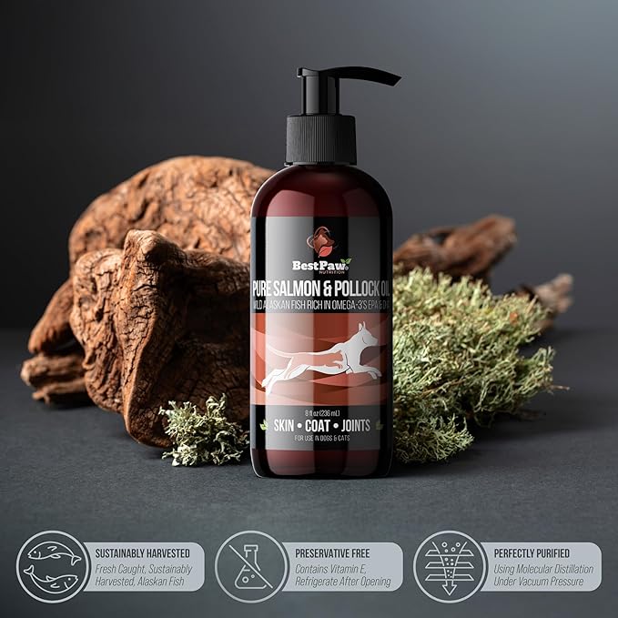 Best Paw Nutrition Wild Alaskan Salmon & Pollock Oil for Cats & Dogs – Omega 3 Fish Oil Liquid Pump with EPA DHA – Skin, Coat & Joint Support – Helps Shedding & Itchy Skin – 8 oz