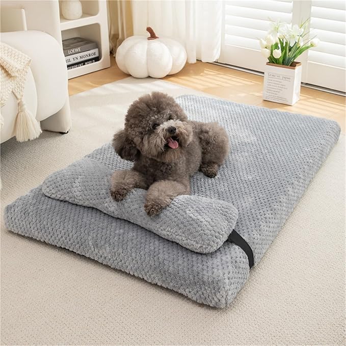 Calming Dog Bed with Pillow, Fluffy Plush Mat with Removable Cover - 4 Sizes for Large Medium Small Dogs & Cats, Machine Washable(Gray,Large)