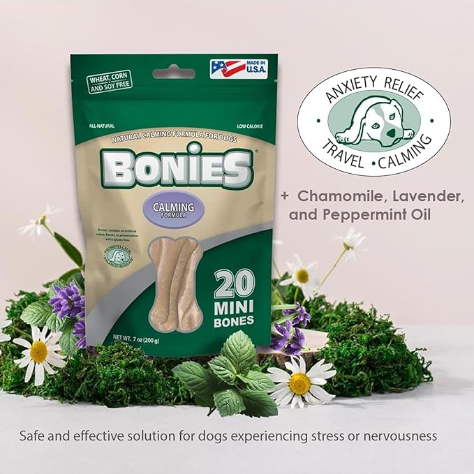 Bonies Natural Calming Formula Small-Sized Single Bone - Contains Chamomile & Lavender, Help Anxiety, Excessive Barking & Trembling, Chicken Flavor, Small Dog, 15 Bones