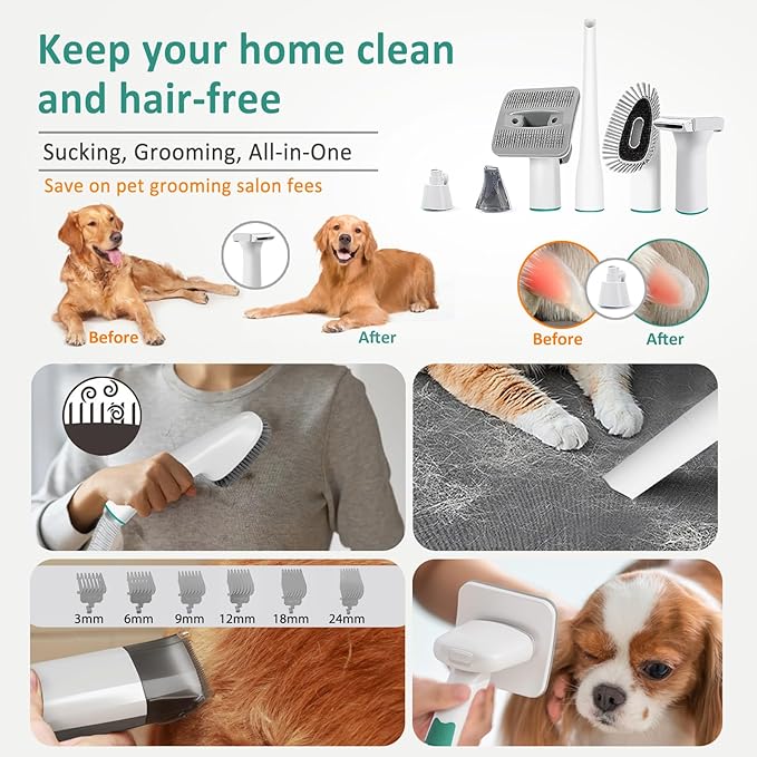 7-in-1 Ultra Quiet Dog Cat Grooming Vacuum Kit | 400W Powerful Suction, Hair Removal Tool for Shedding Pets | Professional Clippers & Deshedding Brush for All Furry Animals