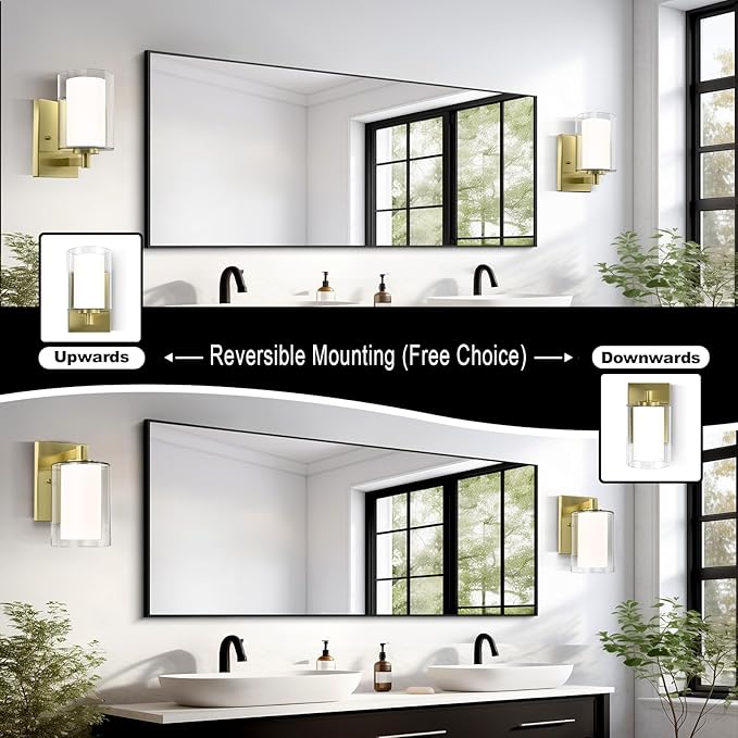 Kalium Bathroom Wall Sconces Set of Two Gold Double Clear Glass Shade Modern Vanity Lights Indoor Farmhouse Wall Light for Bedroom Living Room Hallway Bulb E26 Base (Bulbs Not Included)