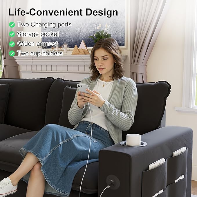 116" Modular Sectional Sofa, L Shaped Cloud Couch with Movable Ottoman, Chenille Deep Seat Cloud Sofa with Charging Station, Cup Holder, Side Pocket, Sectional Couches for Living Room, Black