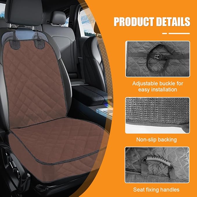 Dog Car Seat Cover, Waterproof & Scratch Proof Car Seat Protector with Side Flaps, Nonslip Front Car Seat Covers with Safety Belt, Universal Dog Mat for Cars, SUVs, Trucks (Coffee)
