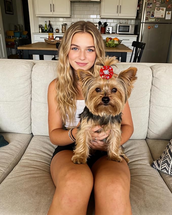 PET SHOW 100 Pack Girl Dog Hair Bows with Rubber Bands for Small Dogs Female Puppies Yorkies Pink Topknot Red Purple Medium Dogs Cats with Long Hair Assorted Pet Grooming Accessories (100)
