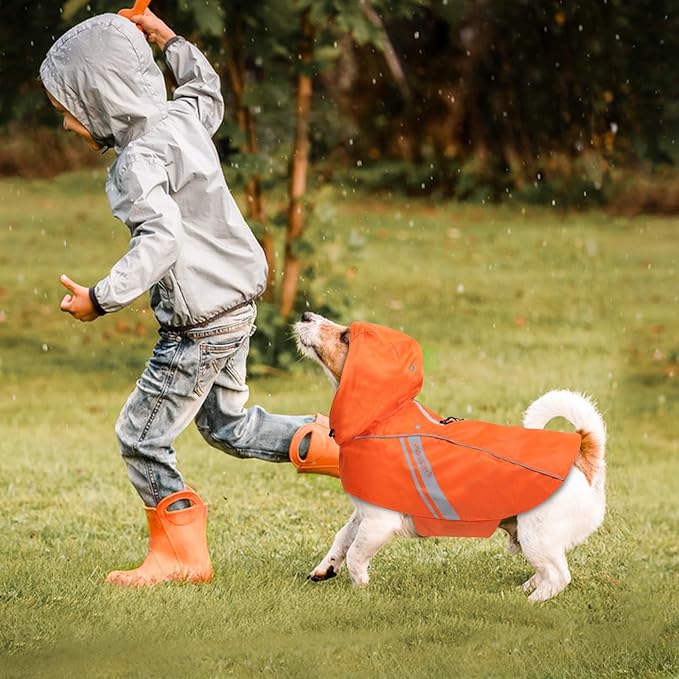 VIVAGLORY Wetoff Dog Raincoat, Rain Coat for Dog All Seasons Adventure, Rain Jacket with Harness Hole & Hood, Reflective Lightweight Waterproof for Doggy & Puppy, L, Orange