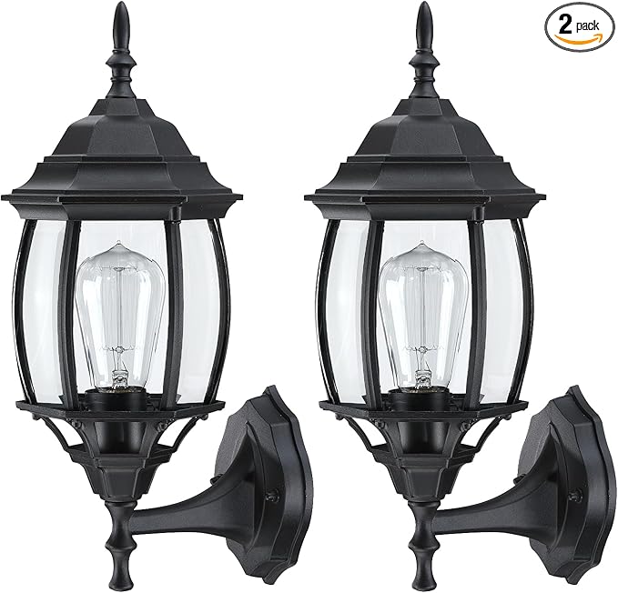 2 Pack Black Outdoor Wall Lights - 16.8 Inch Garage Side Light for House, Metal and Glass Wall Lantern Sconce, Vintage Outside Porch Light for Front Door,Porch,Balcony,E26 Base