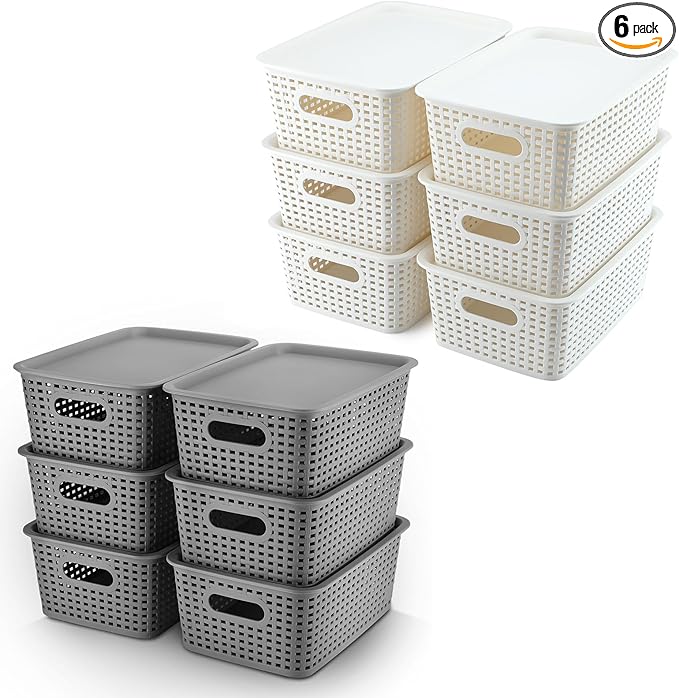 AREYZIN 12 Pack Bundles Plastic Storage Baskets Including 6 Plastic Storage Baskets With Lids Set of 6 Durable Small Pantry Organizer Bins