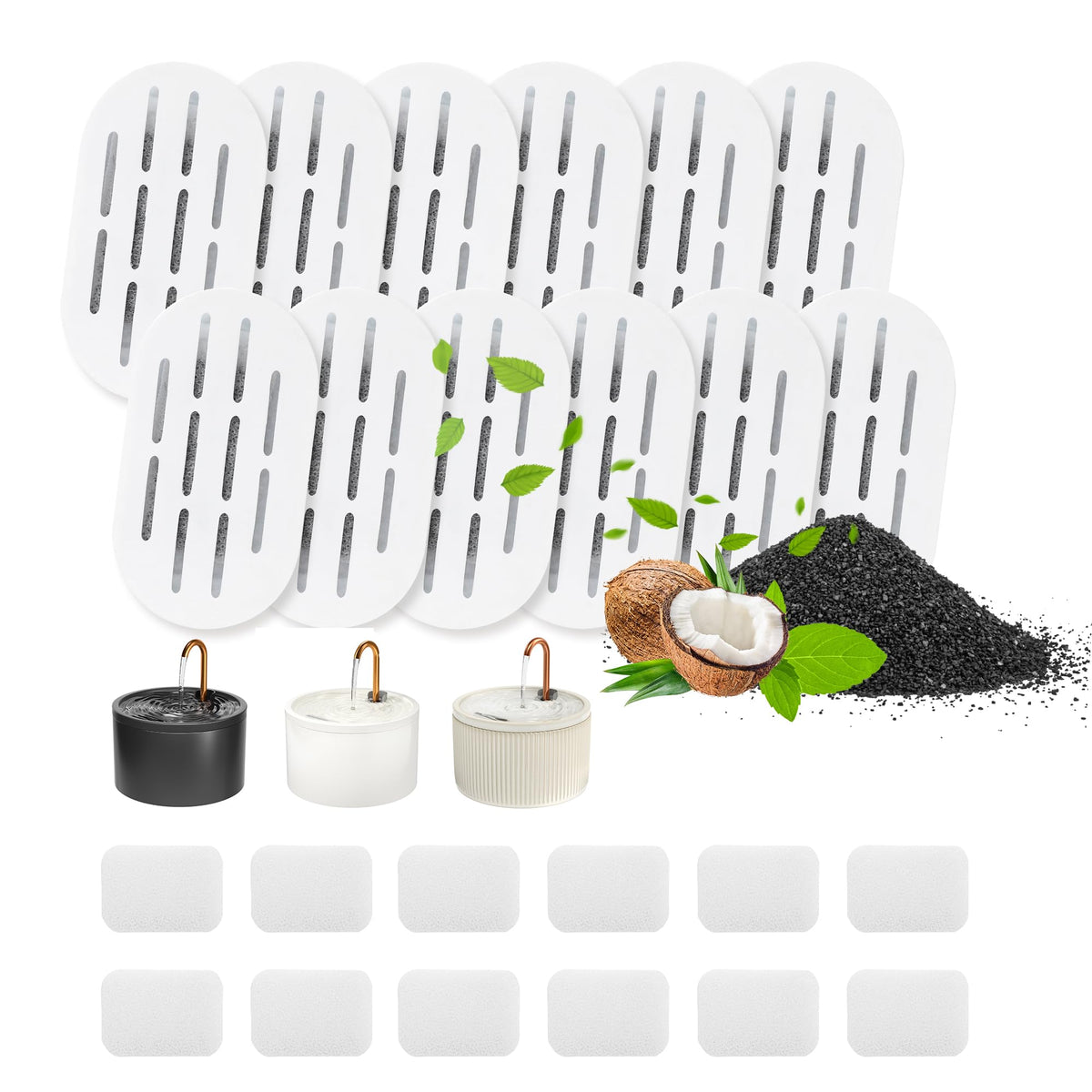 Ceramic Cat Water Fountain Filters, 12 Filters and 12 Sponges - Image 1
