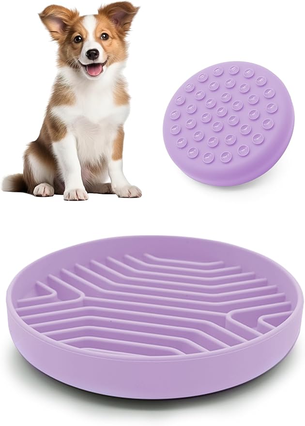 Slow Feeder Dog Bowl with Suction Cups - Non-Slip Silicone Strip Maze Design for Dogs (Purple)