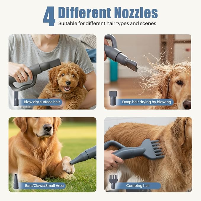 DUMOS Pet Blow Dryer Grooming Vacuum Kit, Dog Dog Hair Dryer with Adjustable Wind Speed & Heater Temperature, Cool-Warm-Hot Cycle Mode, 4 Nozzles, 6.5 FT Cord for Low Noise Cat Hair Remover, Grey