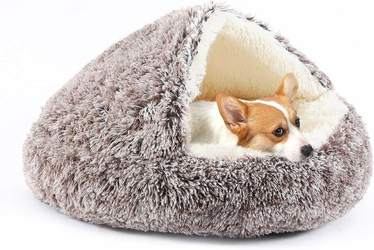 Dog Bed Round Hooded Plush Cat Cave Self Warming Pet Bed Donut Anti Anxiety Fluffy Pet Bed for Puppy and Kitty