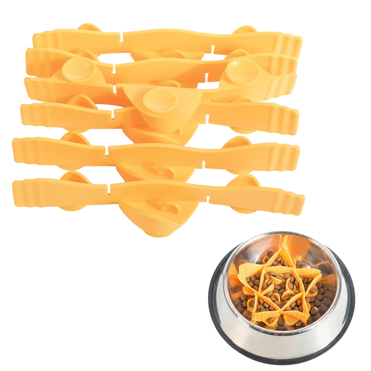 Silicone Dog Slow Feeder Bowl Insert with Suction Cups, Cuttable Food-Grade Lick Mat Divider Fits Stainless Steel Ceramic Glass Dog Bowls, Helps Slow Down Eating, Orange