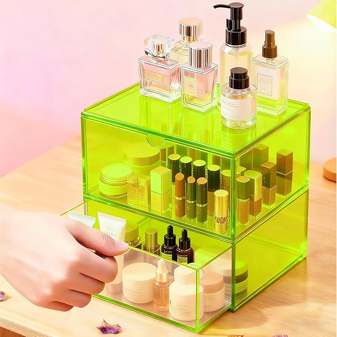 Acrylic Desk Organizer with Drawers Stackable Makeup Organizer for Vanity Office Countertop Cosmetic Display Cases Makeup Storage Box, Neon Green