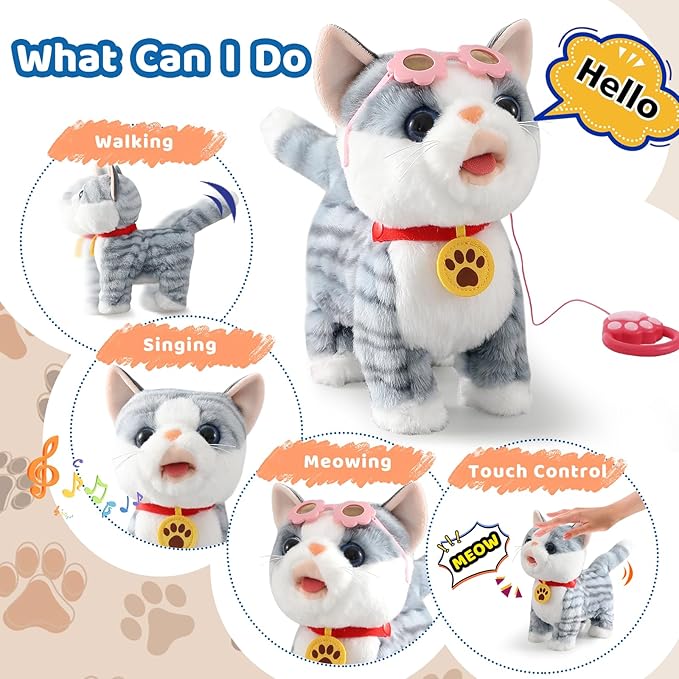 Gray Walking Cat Set Interactive Toy Cat for Girl Repeat What You Say Toy Kitten Talking Singing Dancing Touch Control Robot for Kid with Leash Wagging Tail Nodding Plush Electric Kitty