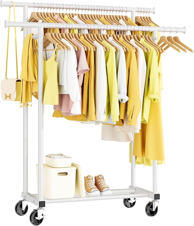 Double Rods Clothes Rack, Rolling Clothing Rack for Hanging Clothes Portable Wardrobe Rack, Metal Garment Rack Sturdy Coat Rack for Bedroom Laundry Living Room, White